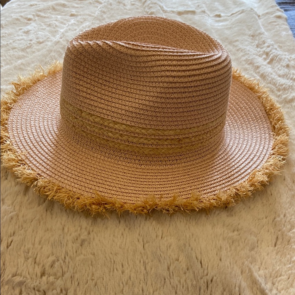 Pale Pink Vintage Fringed Fedora Hat with Yellow Accents with adjustable cord.